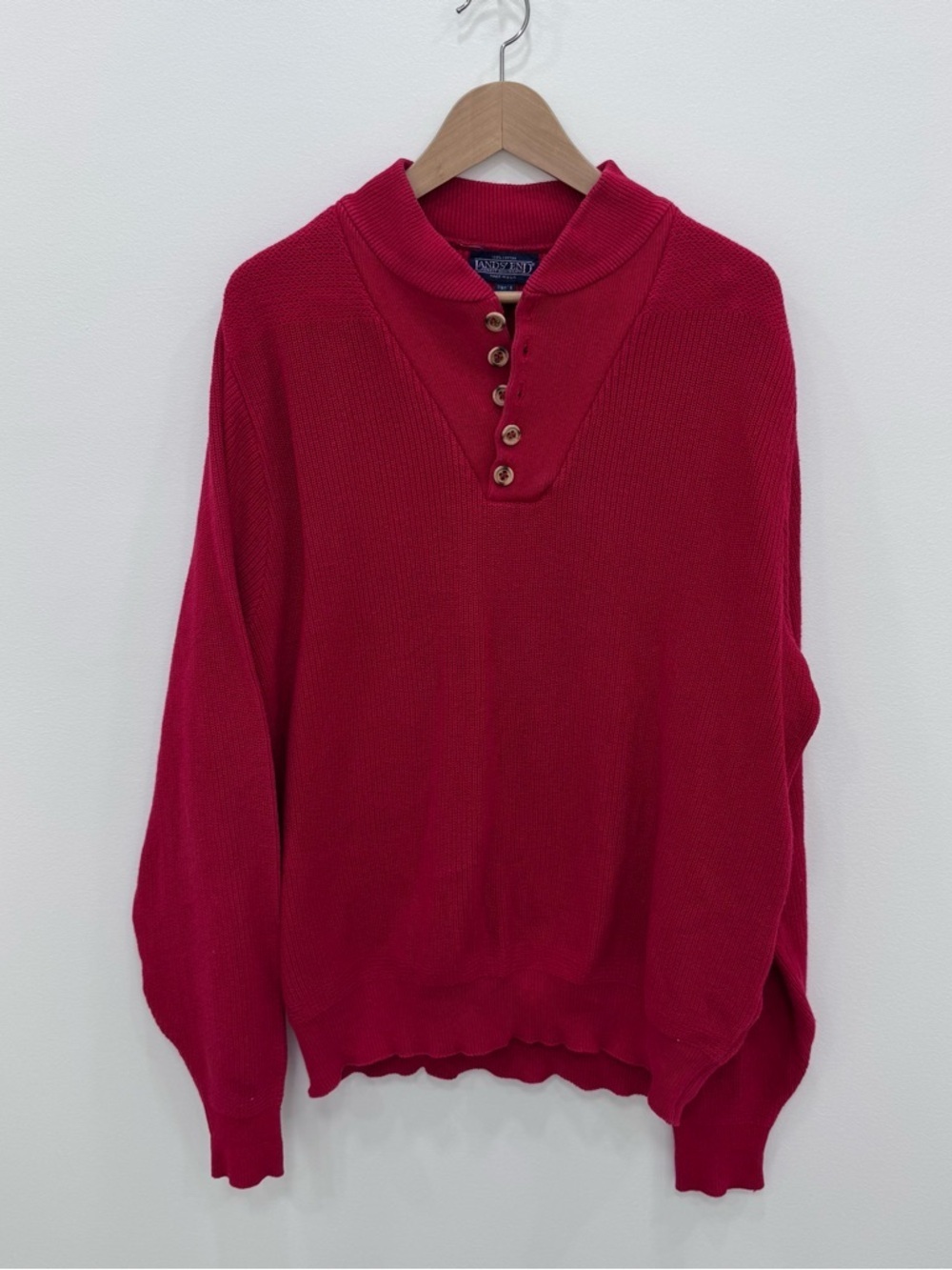 Vintage Lands End Shawl wooden button Cardigan size XL Mens Long Red Fisherman